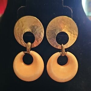 Vintage Hammered Gold and Cream Bone Drop  Earrings